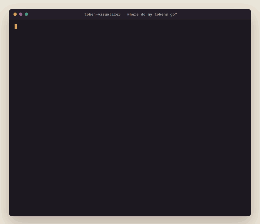 A real terminal session: token-visualizer analyzes a 5-line support prompt with the GPT-4o tokenizer, shows each token as a colored chip, and measures 70 to 61 tokens after the suggested cuts.