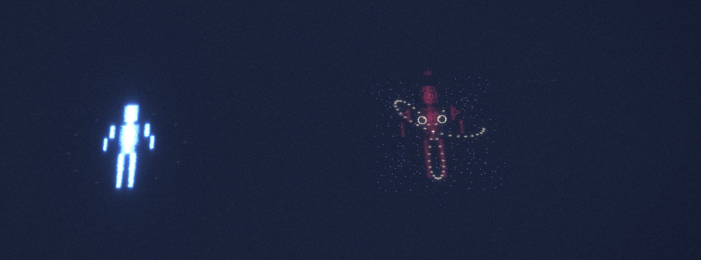 Two particle-built fighters; the red one is coming apart after a hit