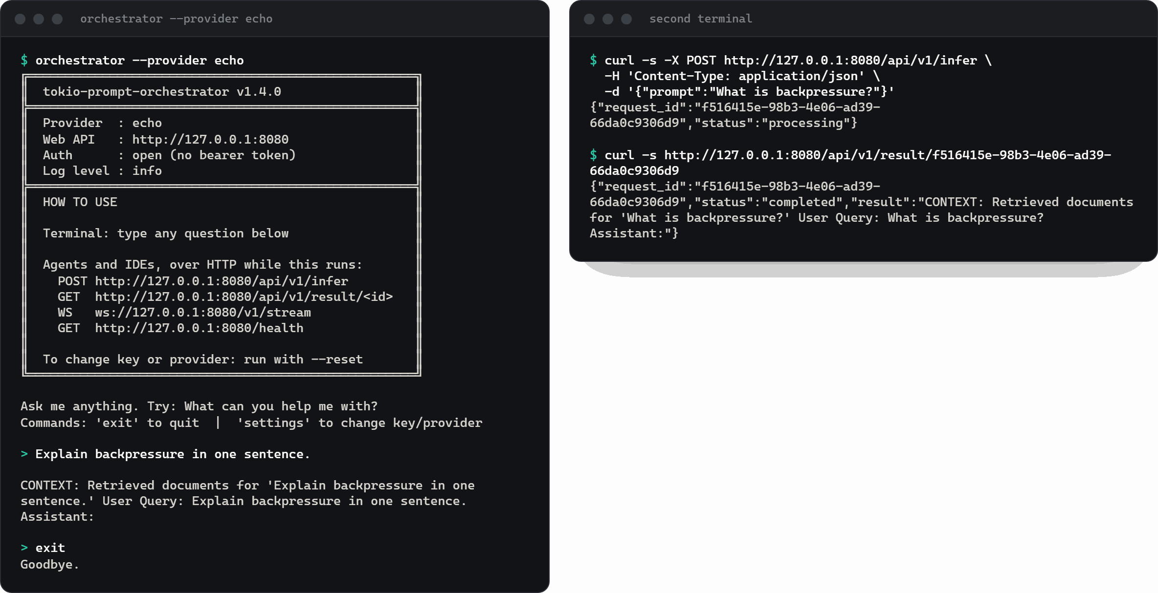 The orchestrator started with --provider echo, answering one prompt typed in the terminal and one sent with curl to /api/v1/infer